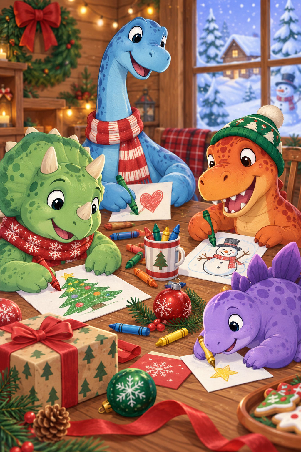 Warm colorful illustration of friendly dinosaurs celebrating Christmas.
