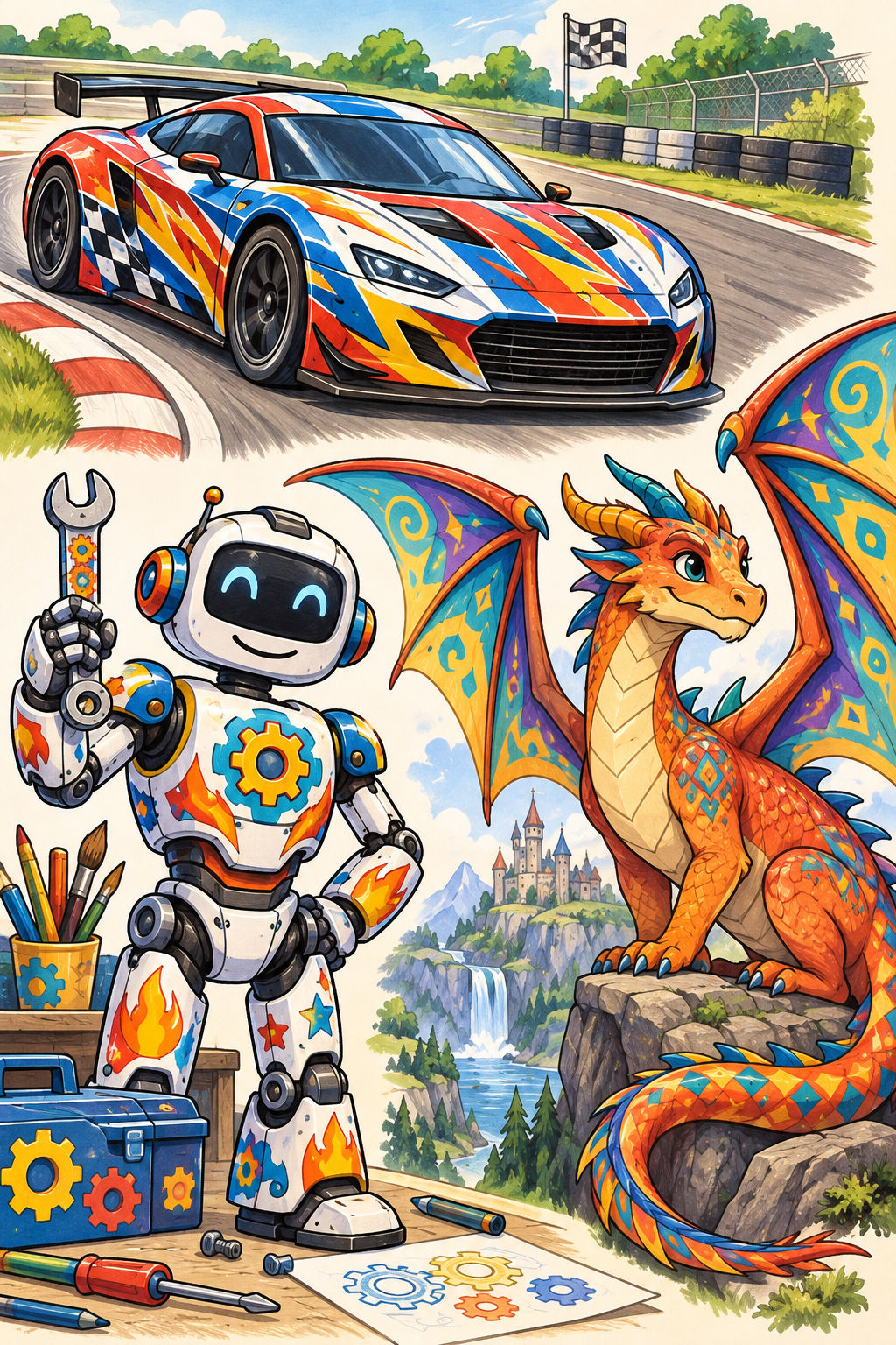A colorful race car, robot, and dragon for creative coloring challenges.