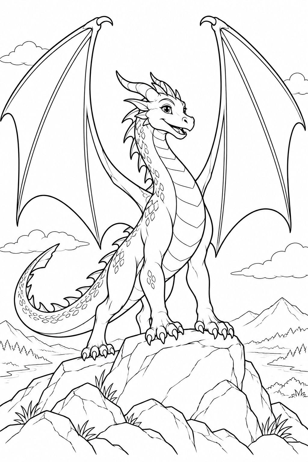 Black-and-white friendly dragon with large open wing membranes for original patterns.