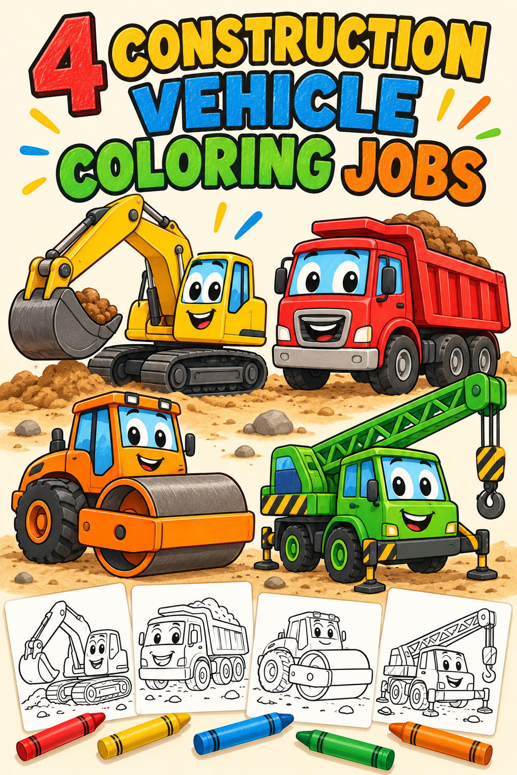 4 Construction Vehicle Coloring Jobs cover with an excavator, dump truck, road roller, crane, and short job names.