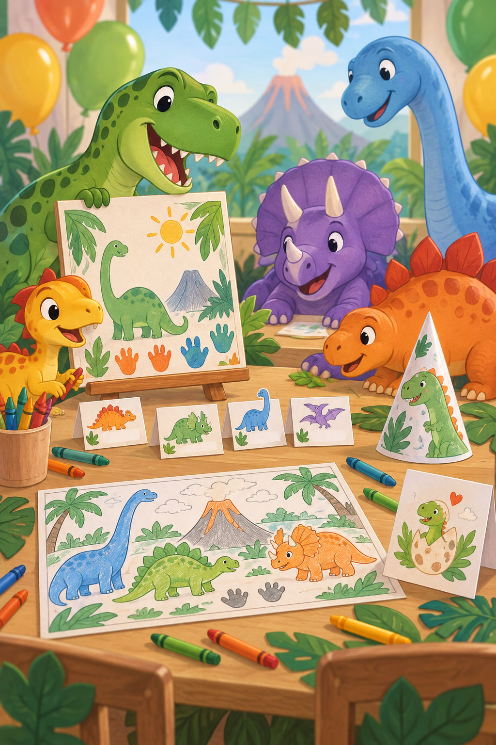 Colorful illustration of a friendly dinosaur birthday coloring table.