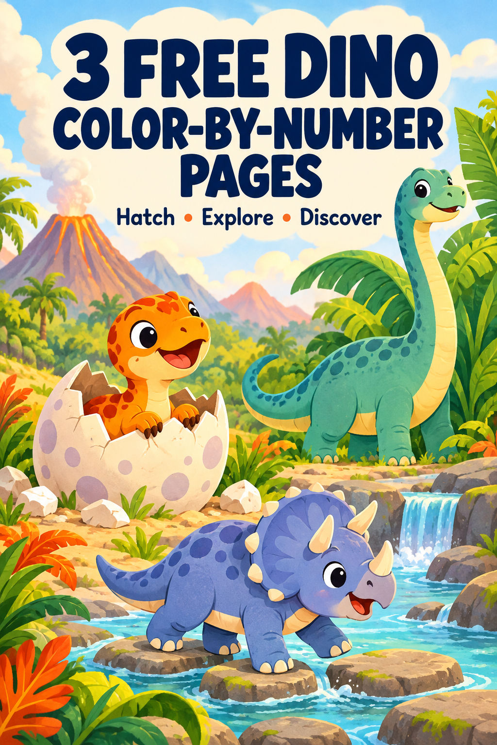 Cover reading 3 Free Dino Color-by-Number Pages with a hatching dinosaur, a long-necked dinosaur, and a three-horned dinosaur by a river.