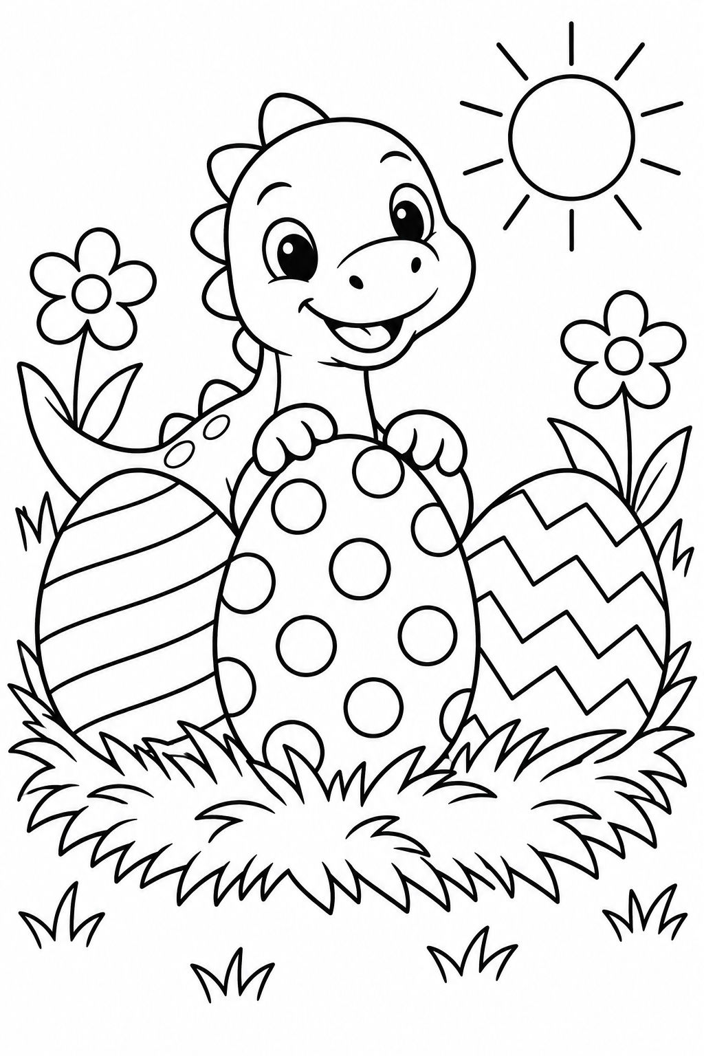 Black-and-white spring dinosaur coloring page with three large eggs patterned with stripes, dots, and zigzags.