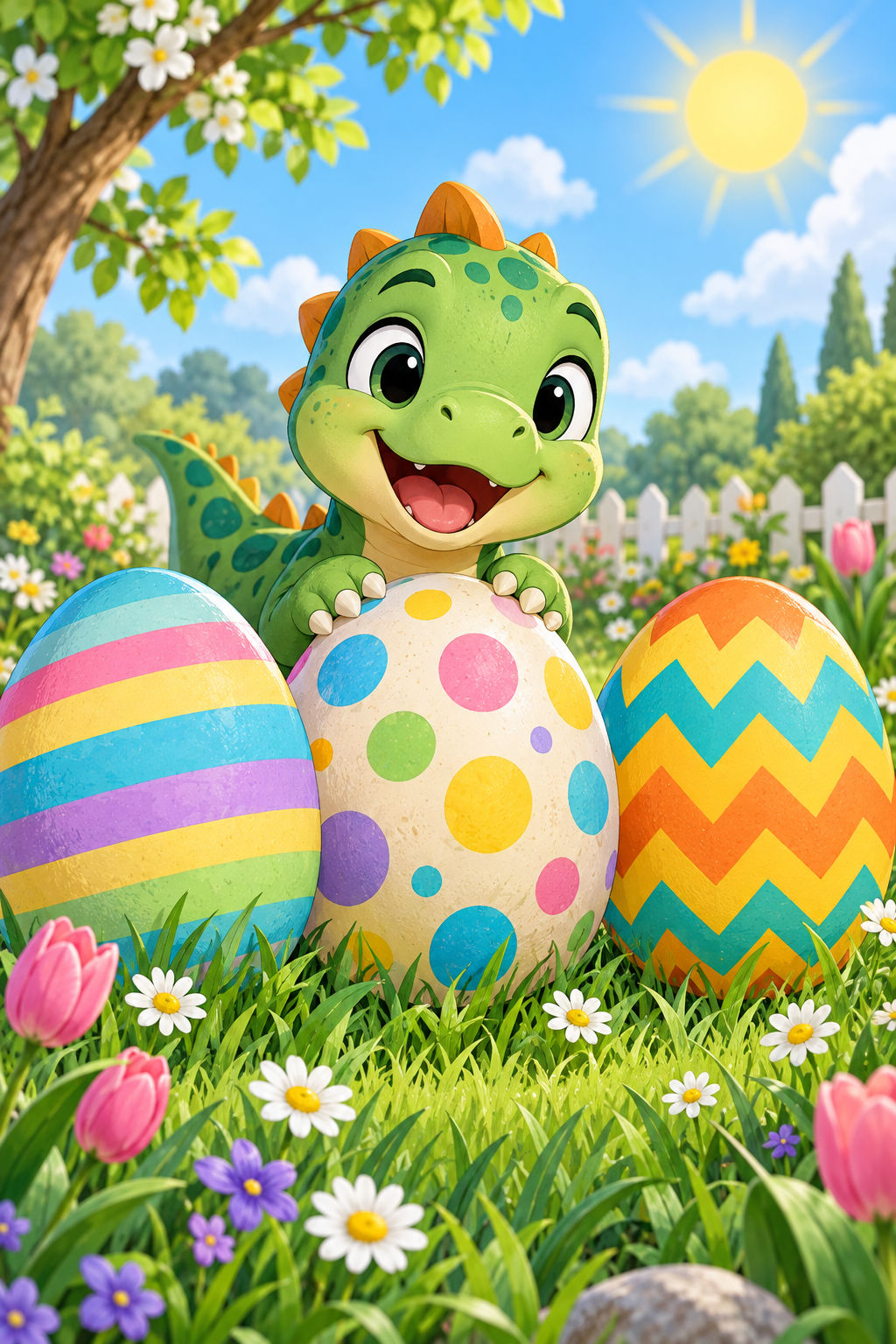 A friendly baby dinosaur peeks out between three colorful patterned eggs in a spring garden.