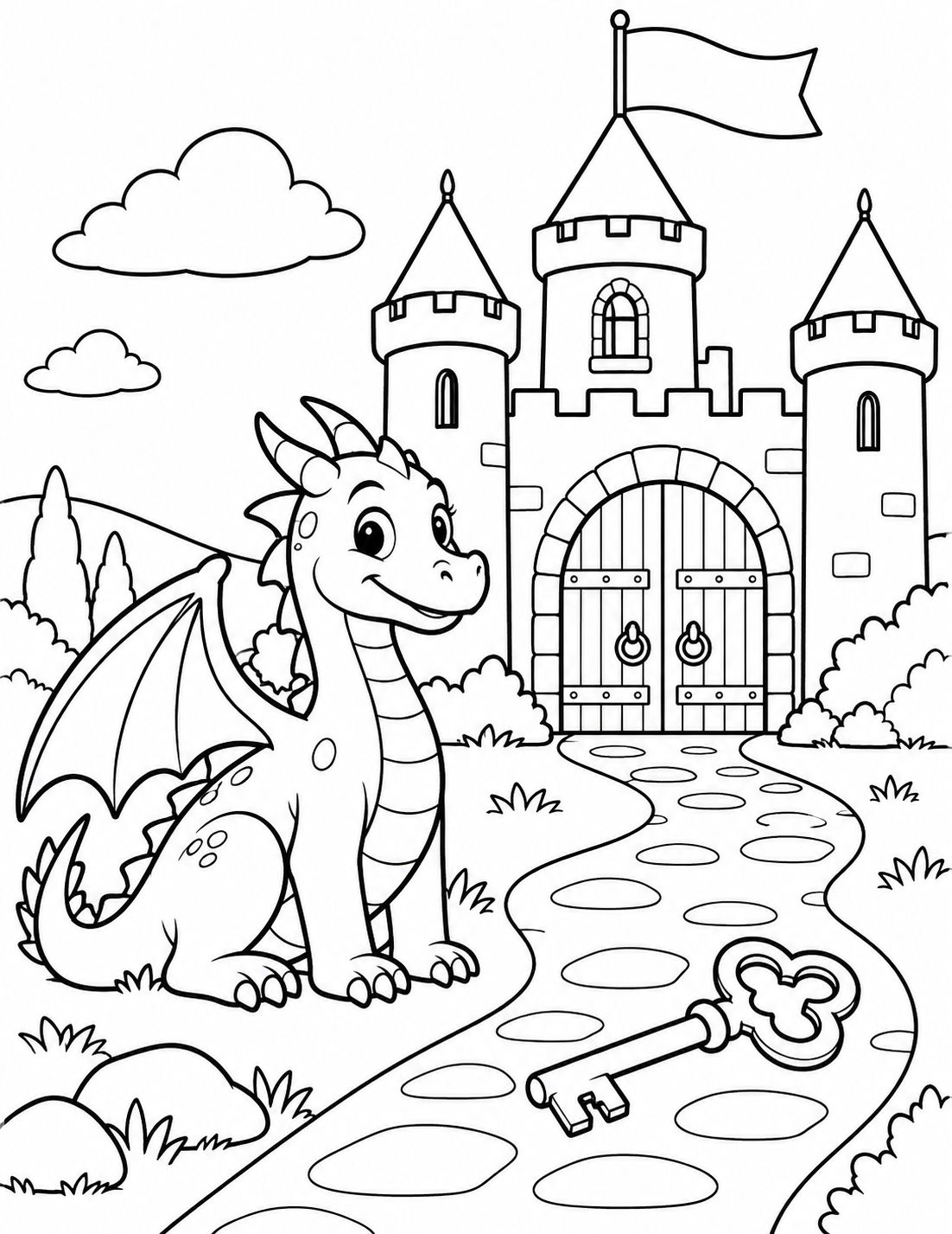 Original black-and-white friendly dragon beside a castle with a blank flag, closed gate, winding path, and large key.