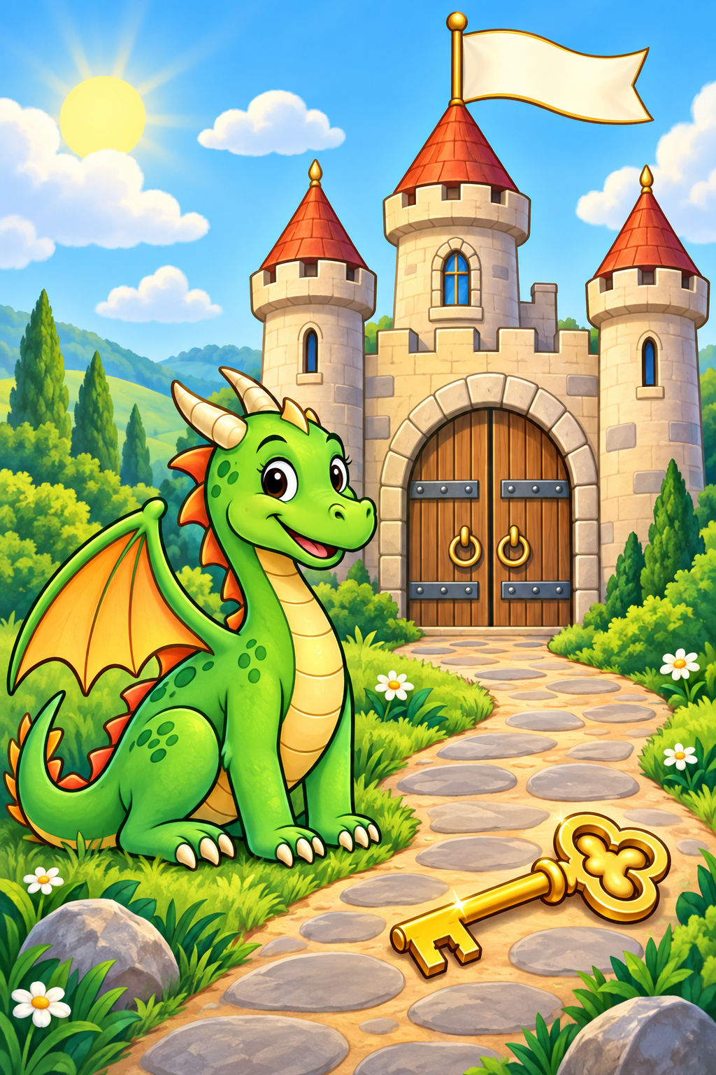 Friendly green dragon by a castle gate with a gold key lying on the path.