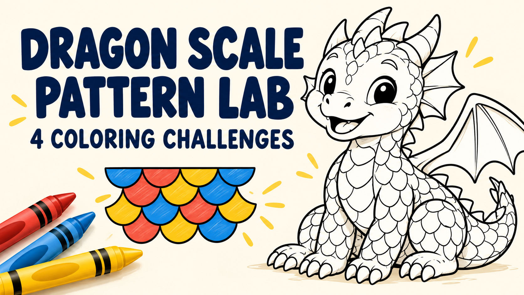 Dragon Scale Pattern Lab cover with a friendly dragon, colored pencils, and a repeating pattern of colorful scales.