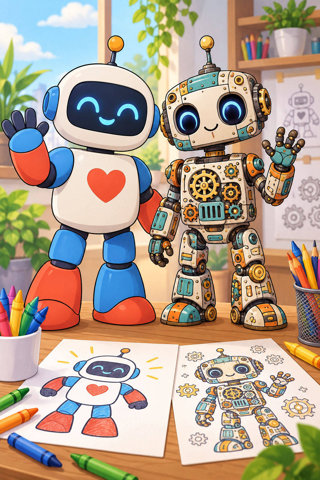 A simple robot and a more detailed robot illustrated side by side.