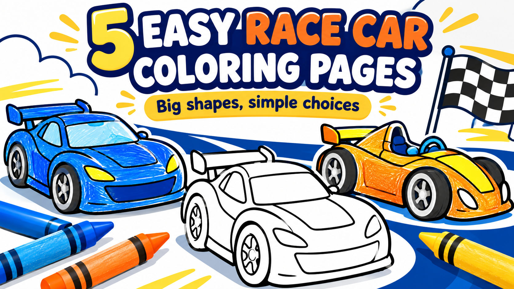 5 Easy Race Car Coloring Pages cover with two colored cars, one uncolored car, crayons, and a finish flag.