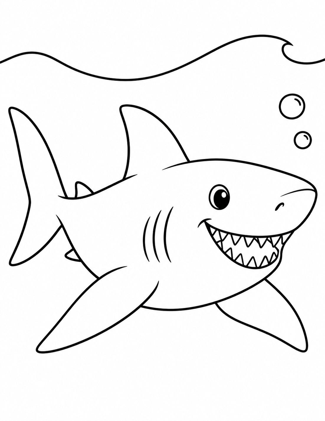 Simple black-and-white shark coloring page with broad body and fins, a wave line, and two bubbles.