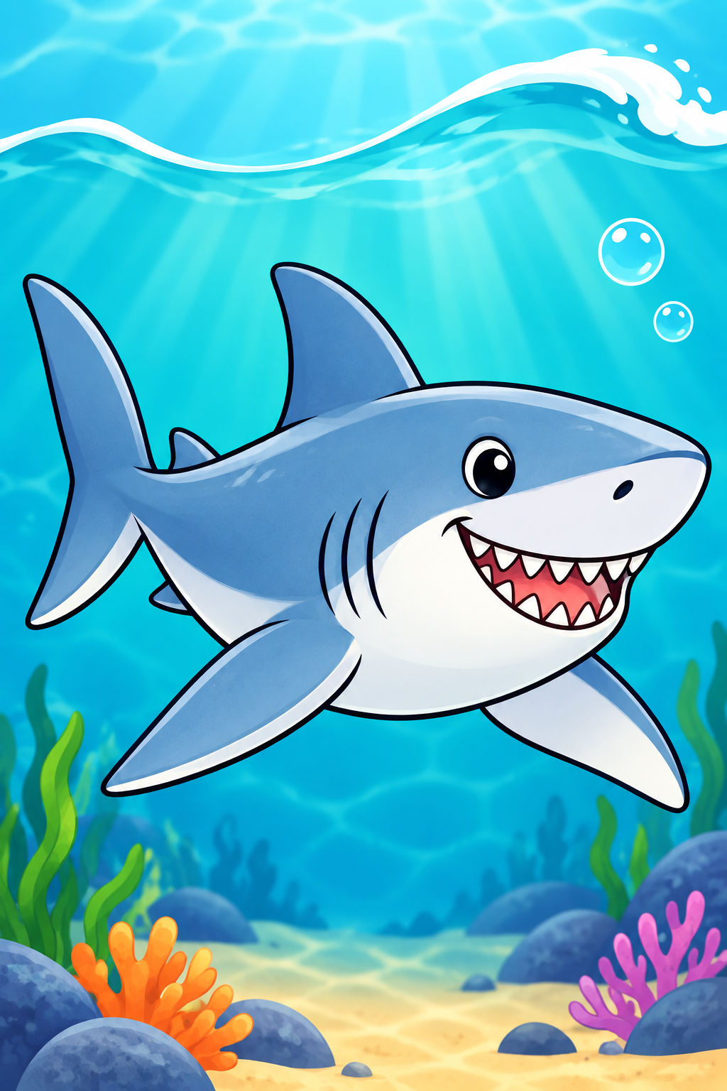 Friendly blue-gray shark with a broad body swimming below a turquoise wave.
