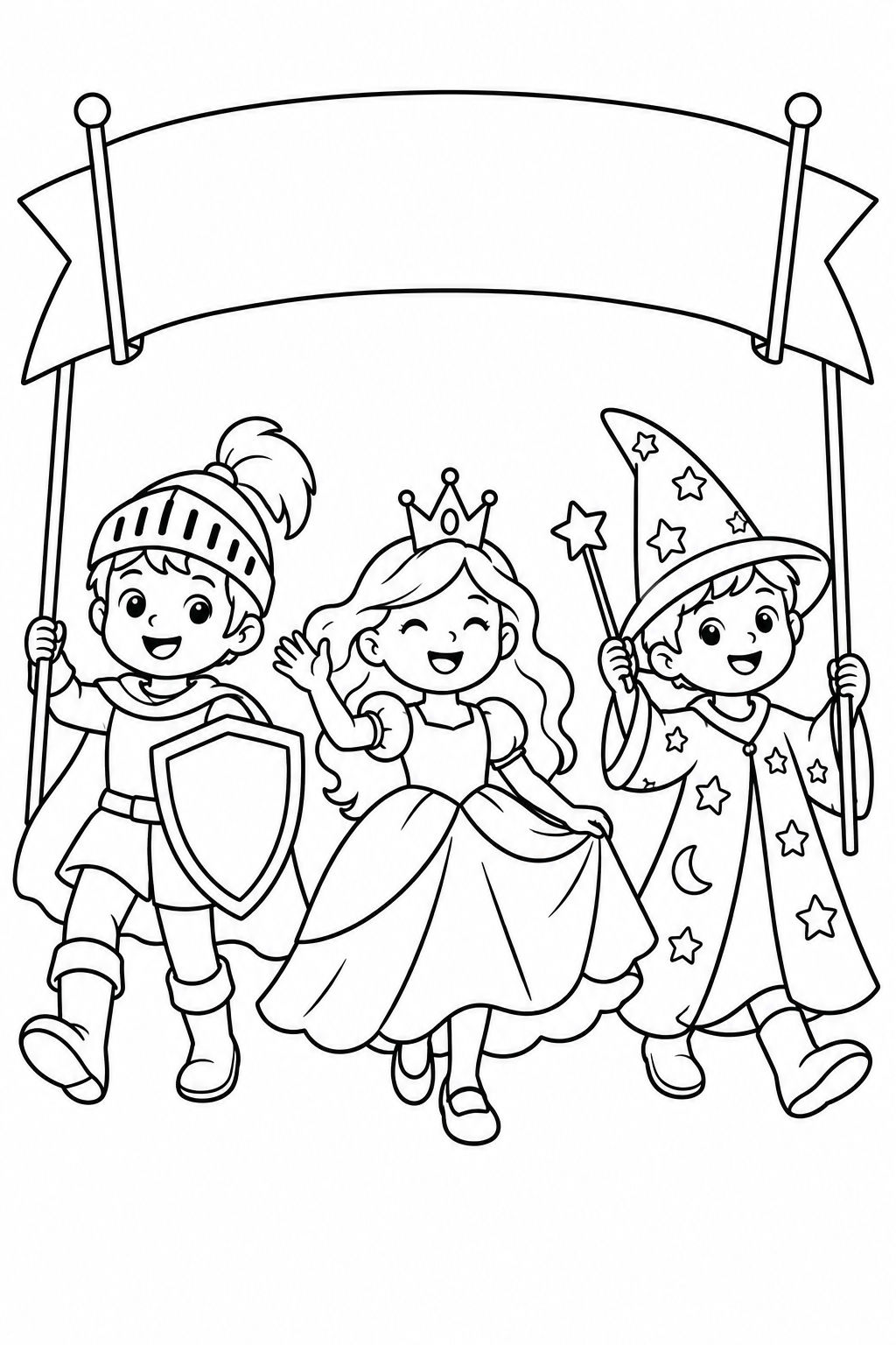 Costume parade poster with three friendly dressed-up characters and an open title banner.