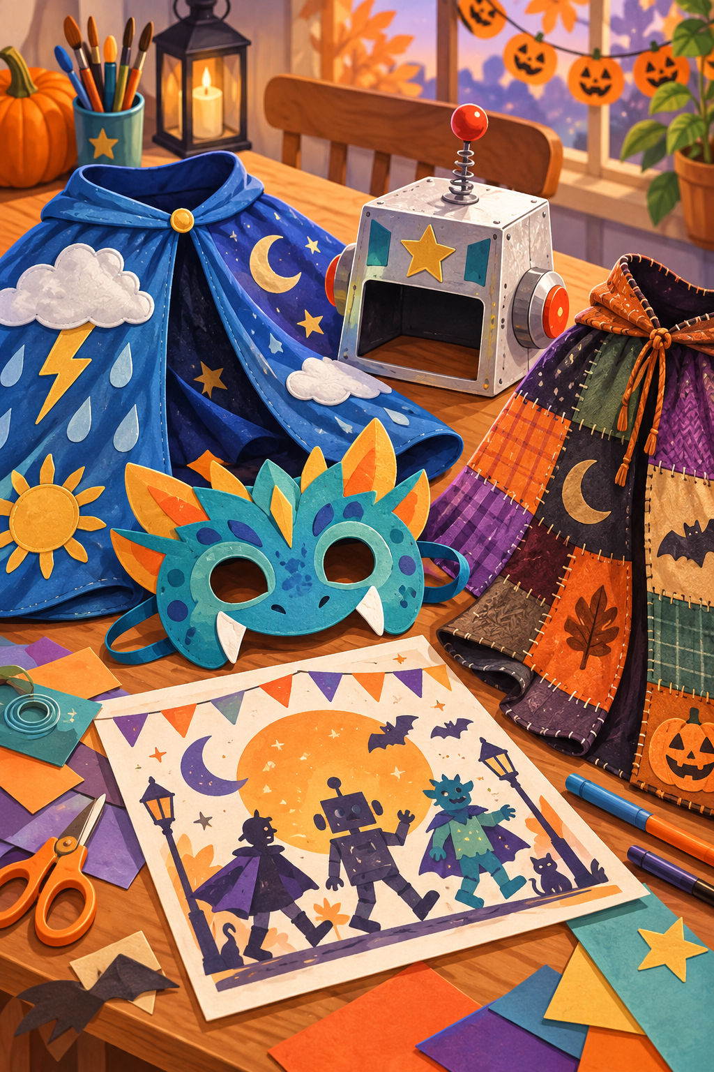 Colorful illustration of children designing friendly Halloween costumes at a craft table.