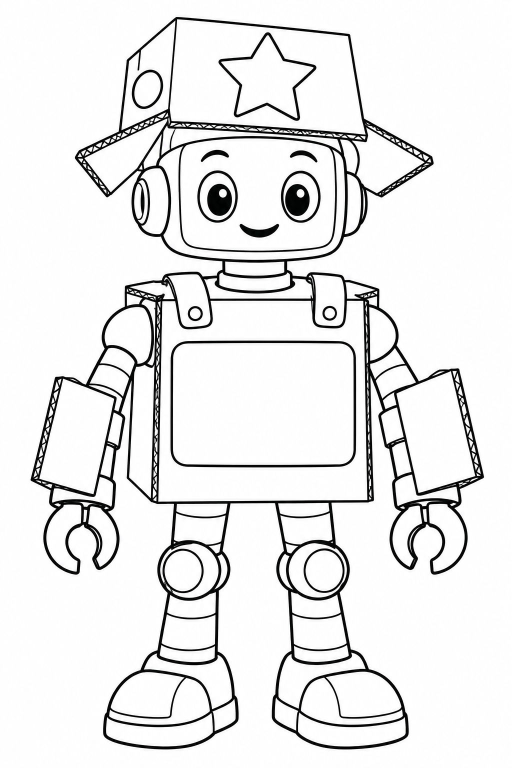 Robot outline with a blank hat, badge, and accessory areas for a costume idea.