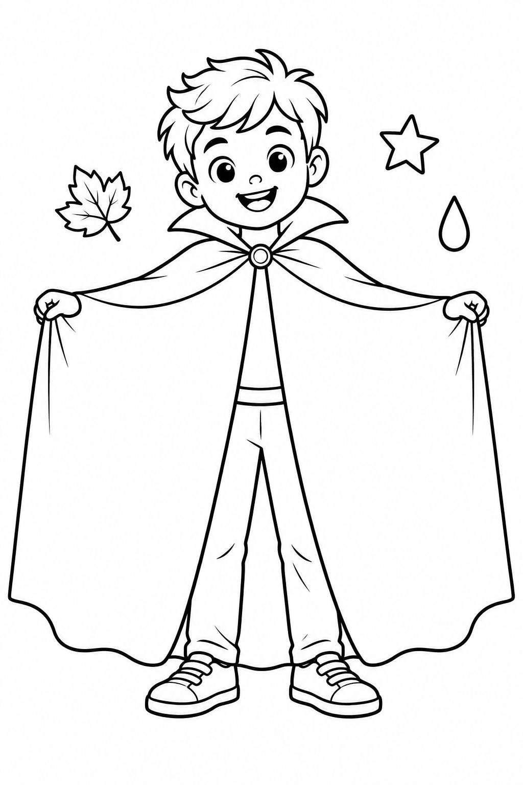 Friendly character with a broad blank cape and small weather shapes to color.