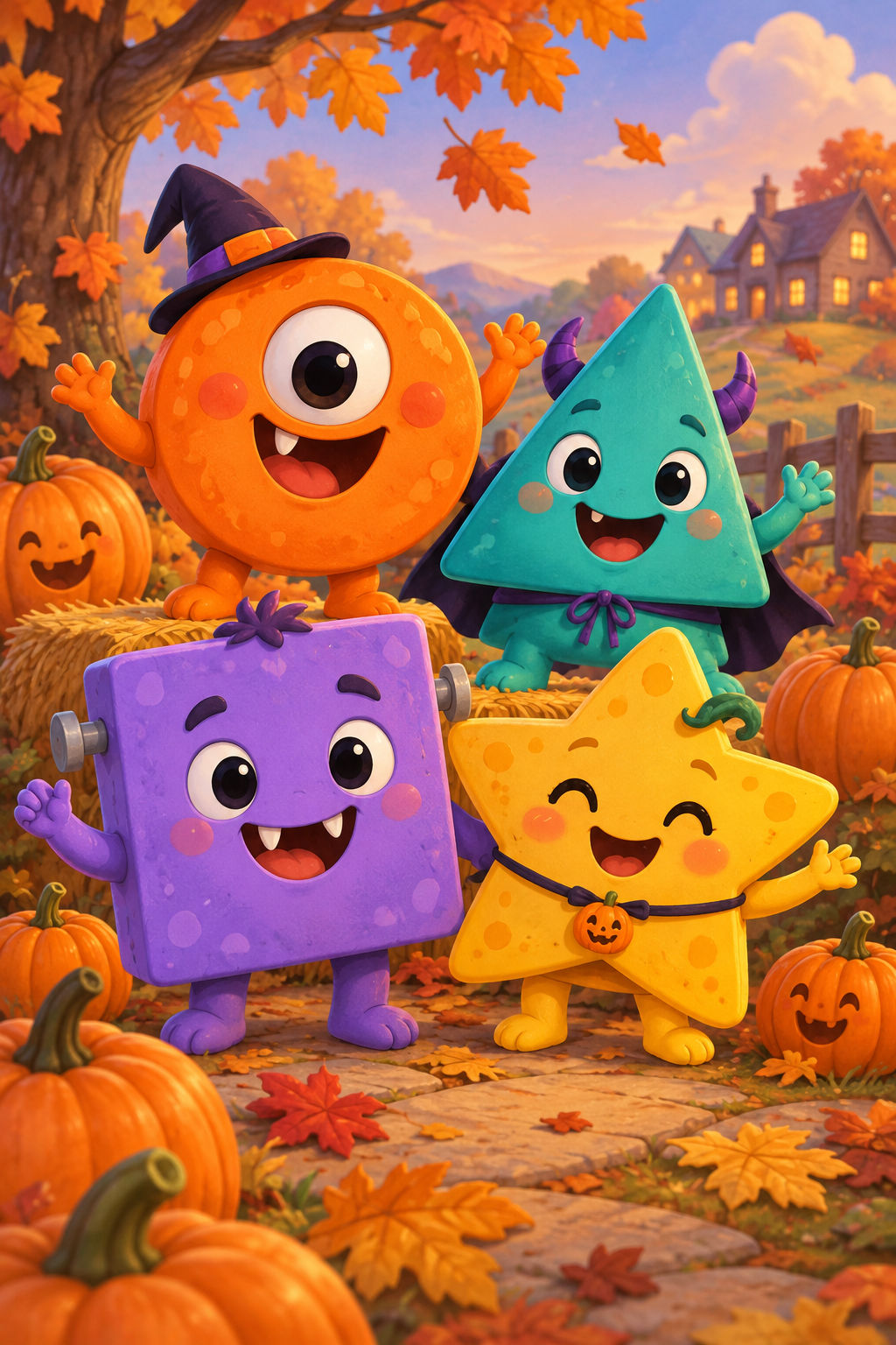 Four friendly Halloween monsters with round, triangular, square, and star-shaped bodies in an autumn scene.
