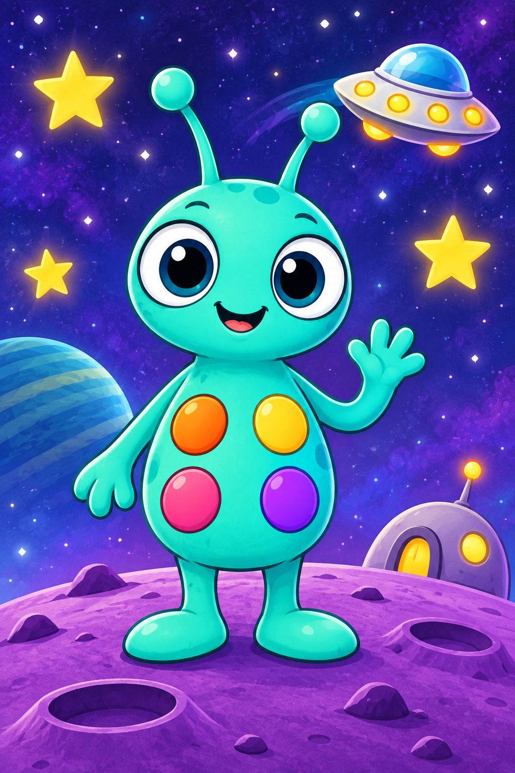 Colorful friendly teal alien with four bright patches standing on a purple imaginary planet.