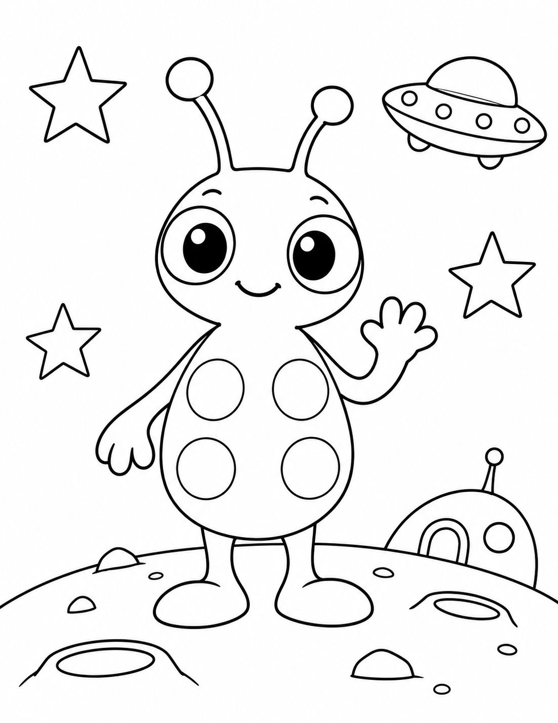 Black-and-white original alien with two antennae and four blank circles on its body, standing on an imaginary planet with stars and a spaceship.