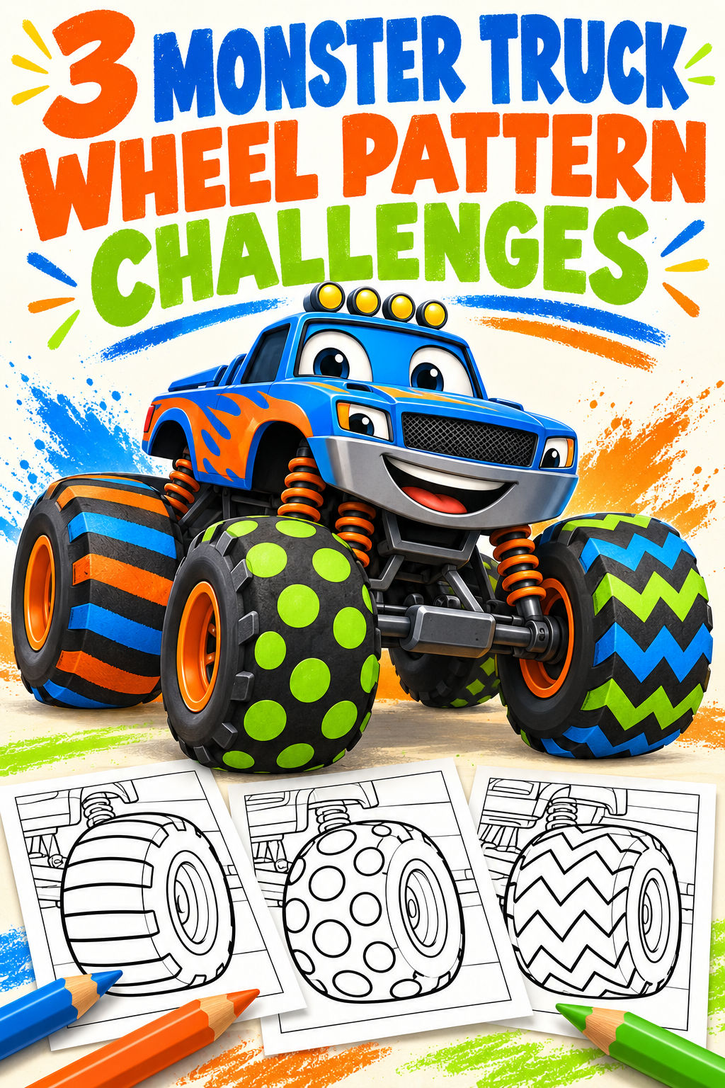 Three monster truck wheel pattern challenges cover showing stripes, dots and zigzags with pencils and worksheet previews.