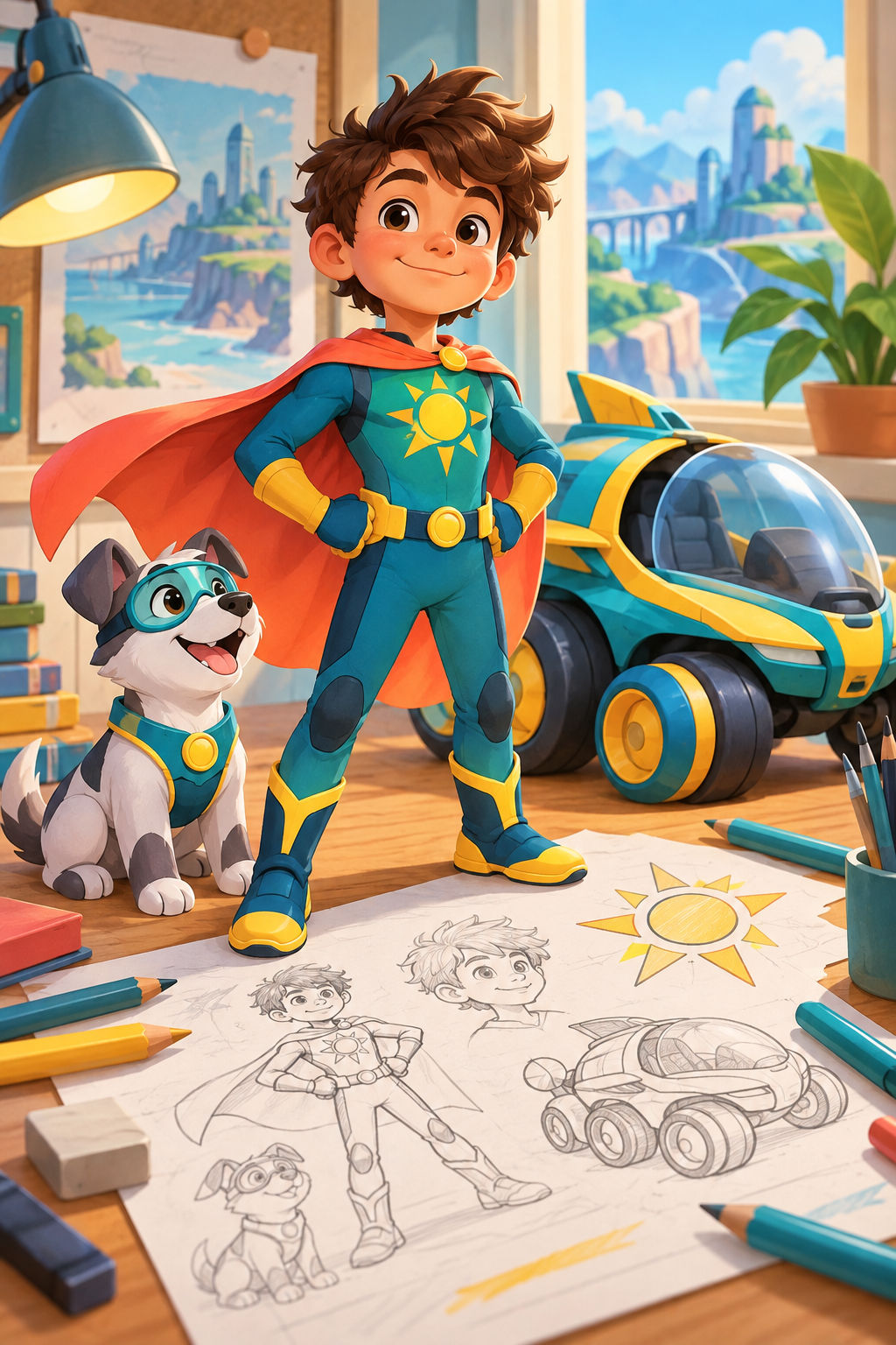 Original unbranded superhero illustration with colorful cape and simple design motifs.