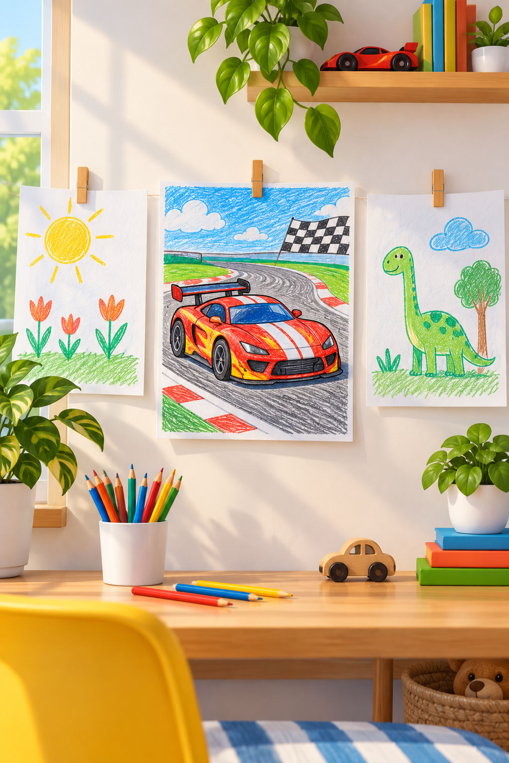 A colorful child-made race car picture clipped to a small home gallery wall.