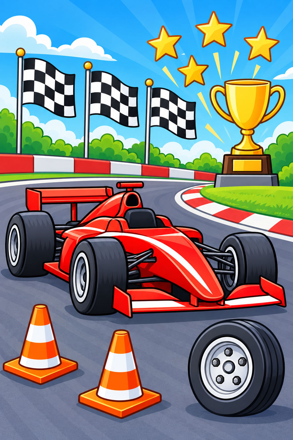 Colorful racing scene with a red car, three flags, four stars, two cones, a spare wheel, and a trophy.