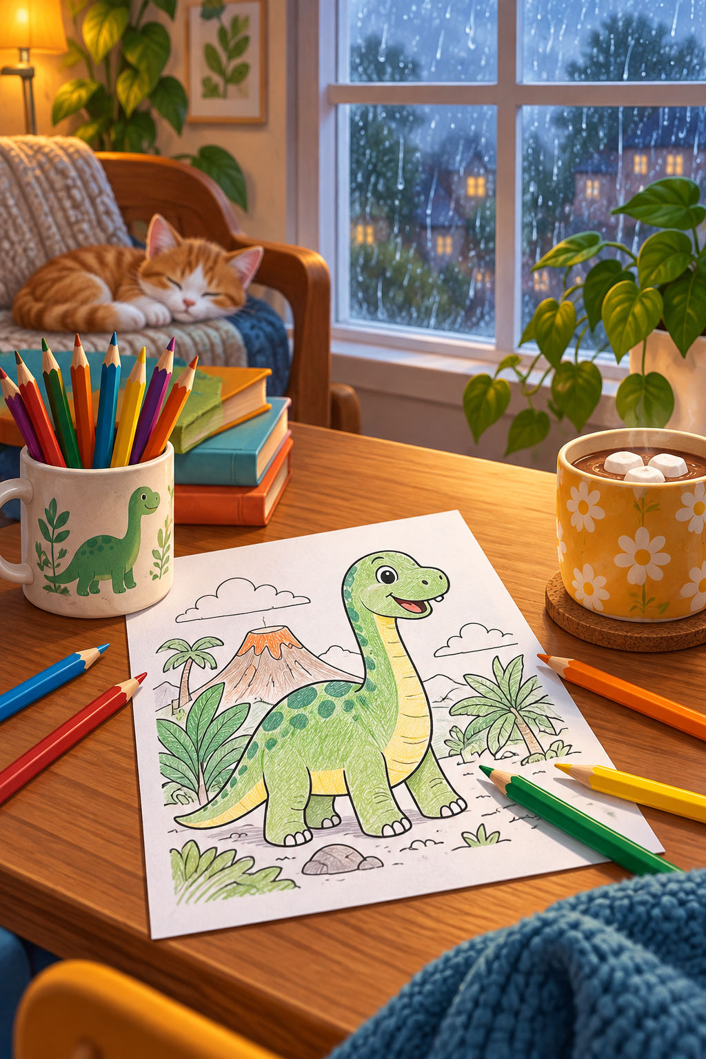 A cozy rainy-day table with pencils and a colored dinosaur page.