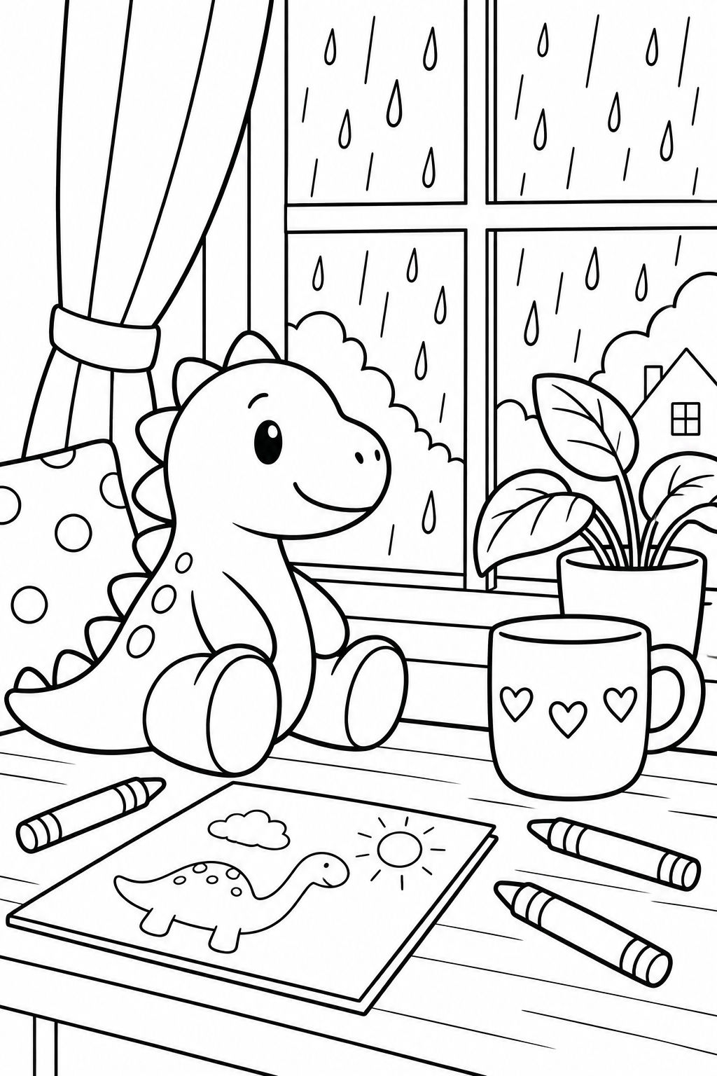 Black-and-white cozy room coloring page with rain outside the window and a dinosaur toy near crayons.