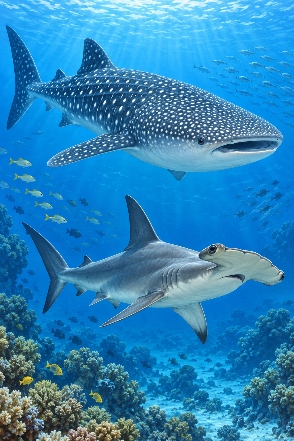 A spotted whale shark and a hammerhead shark swimming in separate parts of the ocean.