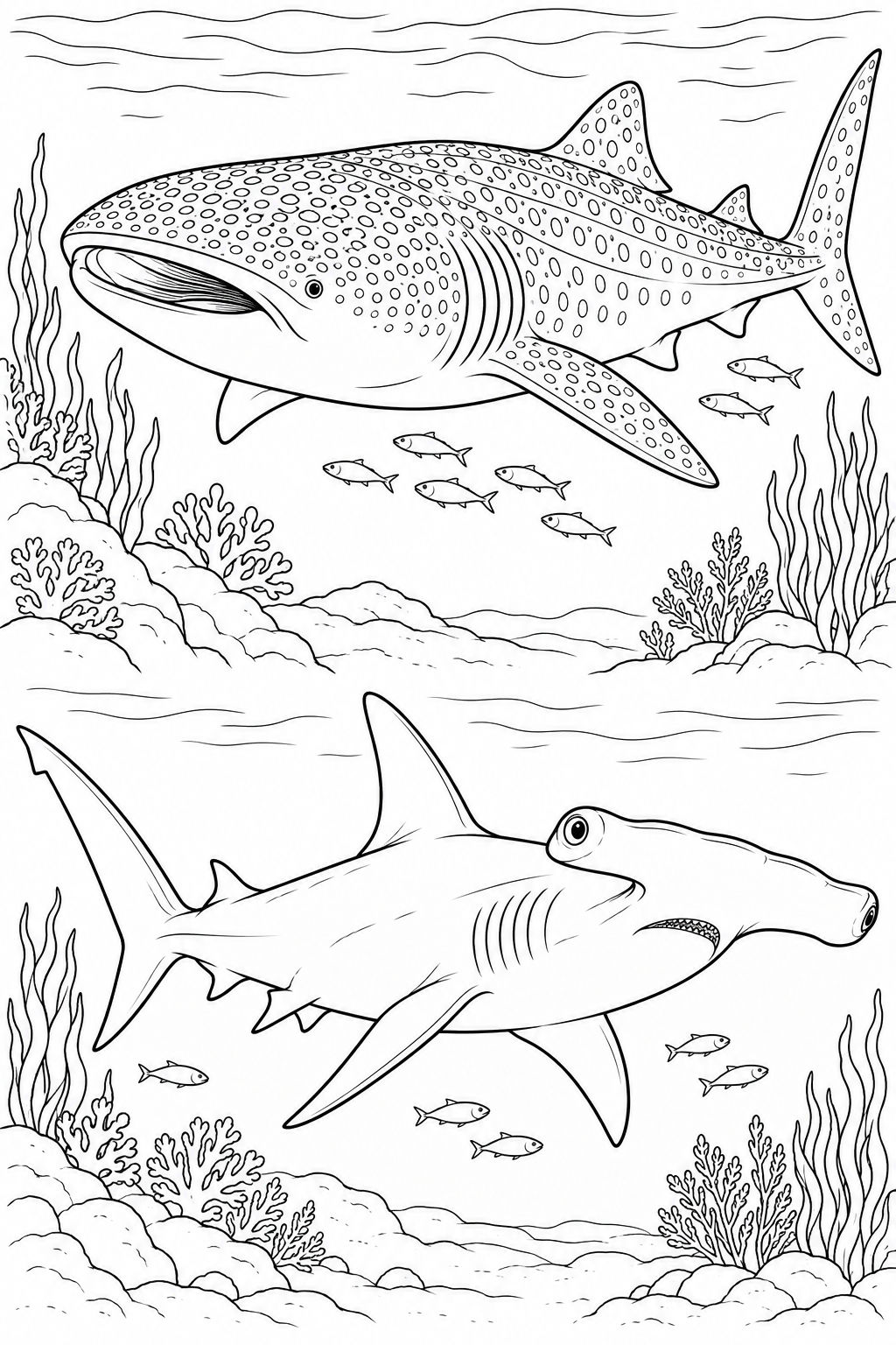 Black-and-white educational coloring illustration with a spotted whale shark in the top scene and a hammerhead shark in the bottom scene.