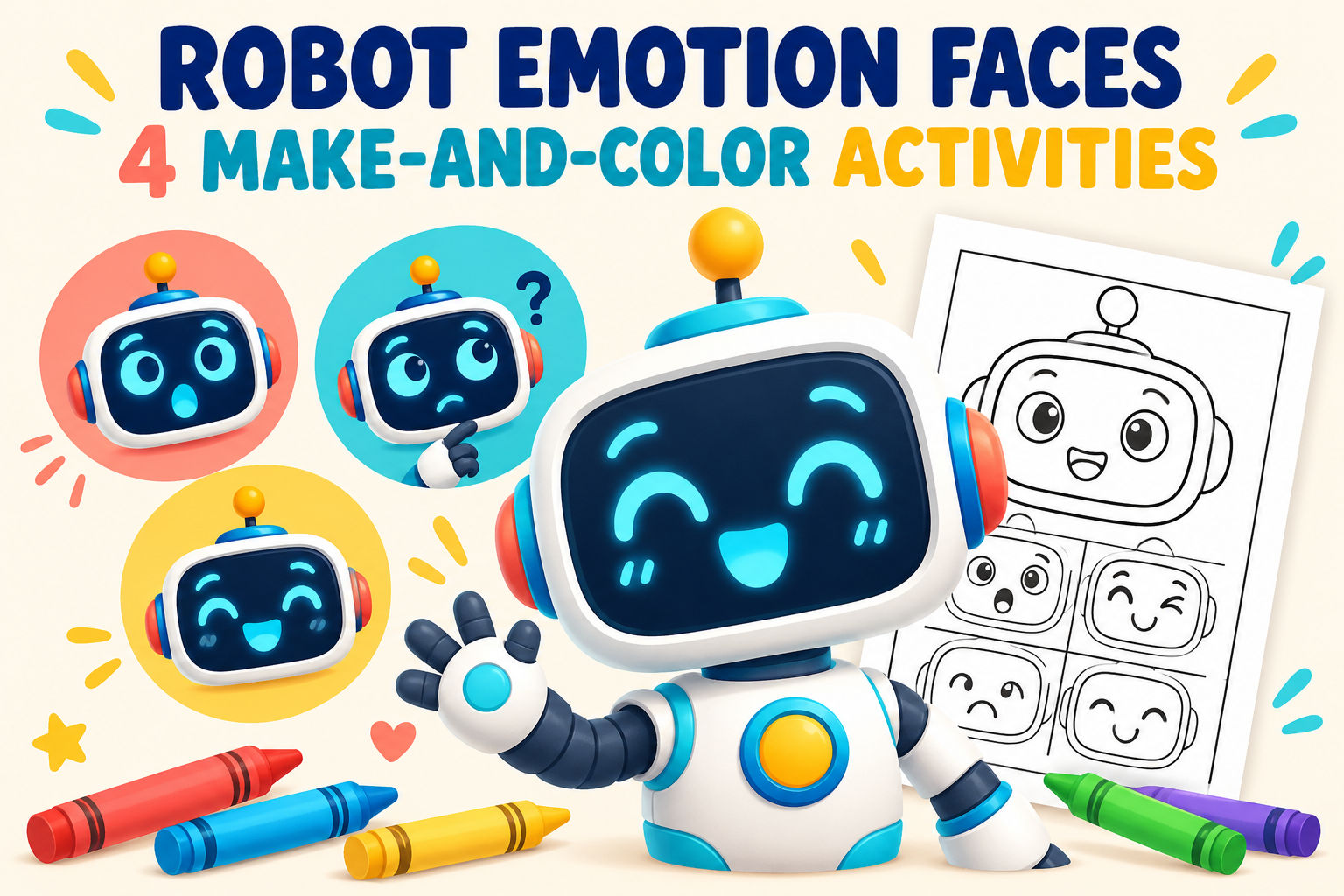 Robot Emotion Faces cover with colorful expression examples, crayons, and a separate black-and-white page preview.