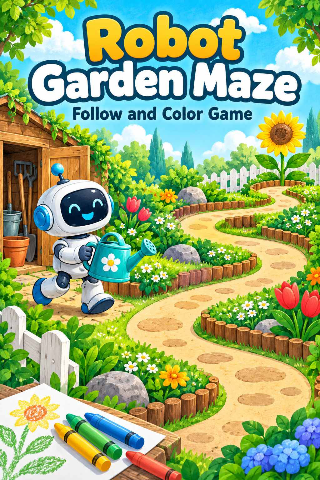 Colorful robot garden maze illustration with a readable article headline and crayons.