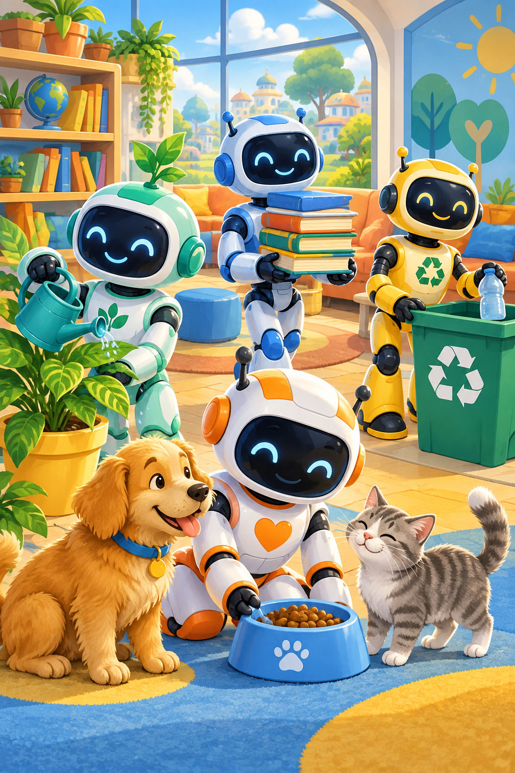 Four colorful friendly helper robots with a plant, books, recycling bin, and puppy.