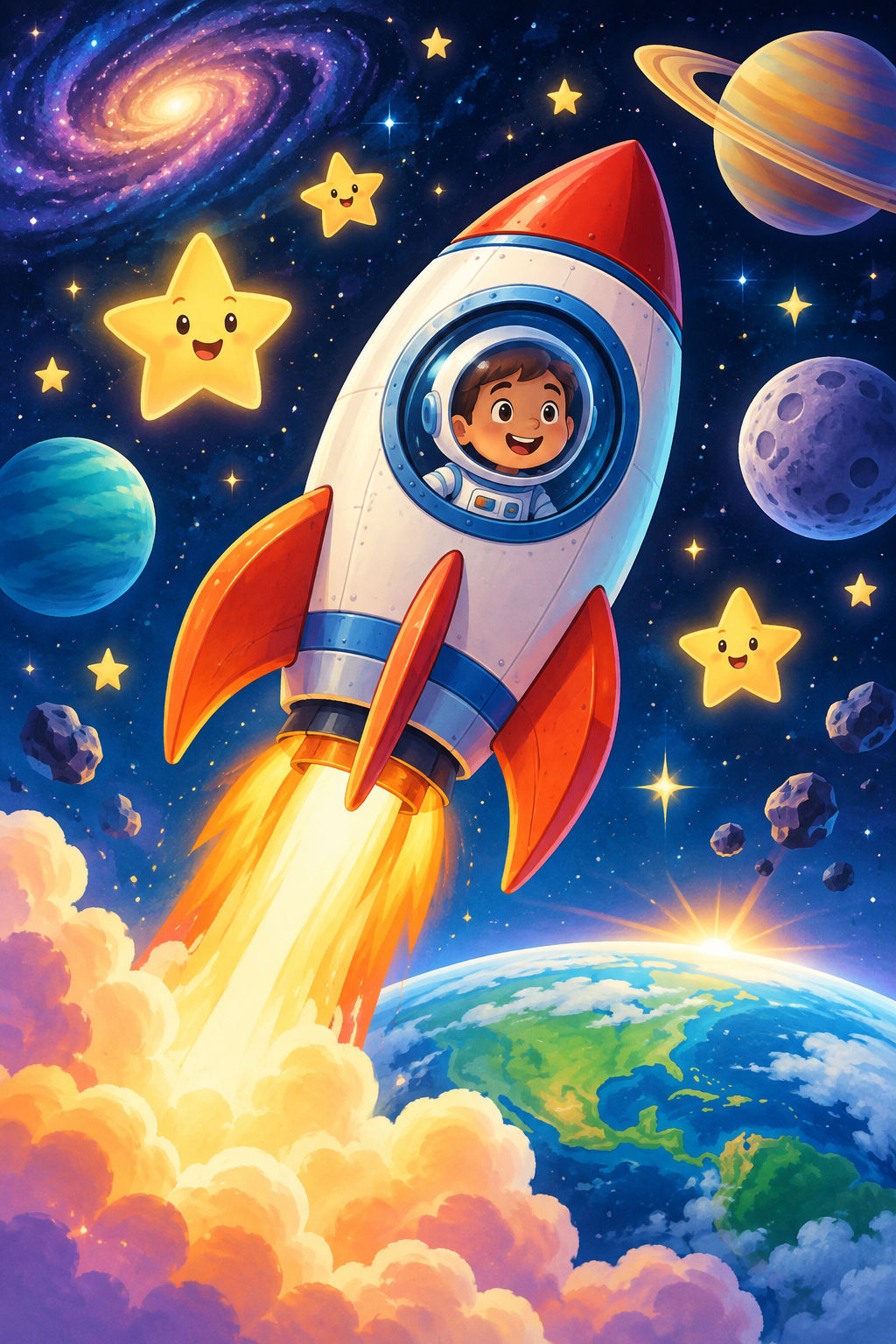 Colorful child astronaut waves from a rocket flying among stars and planets.