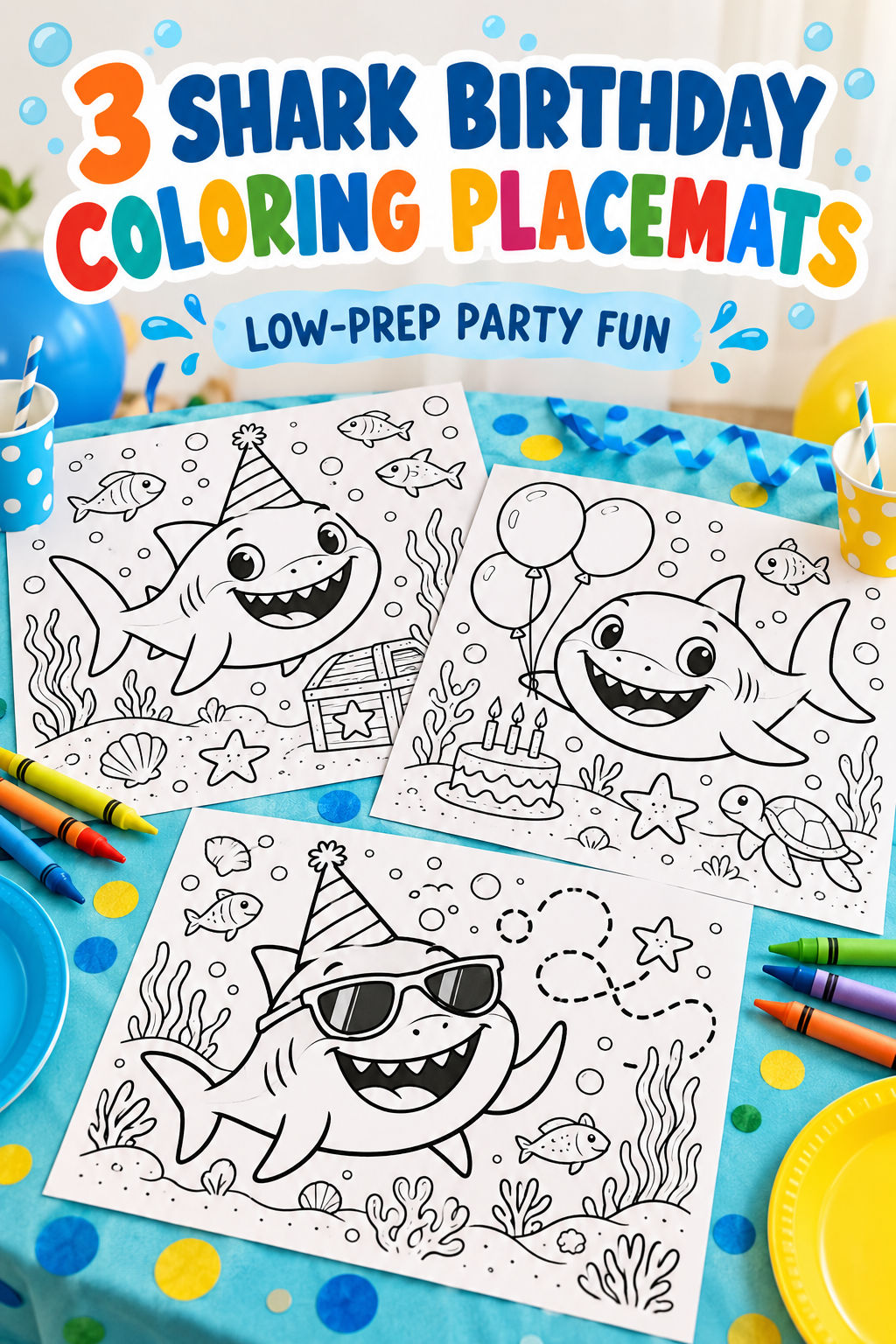 Three friendly shark birthday coloring placemats and crayons on a party table, beneath the article headline.