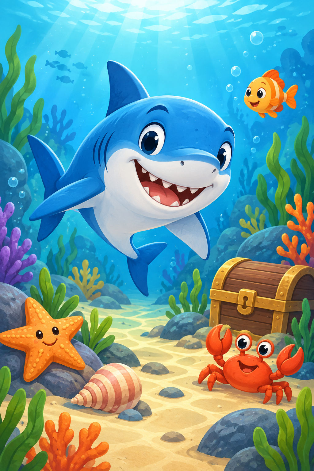 A friendly blue shark swims among five colorful ocean objects.