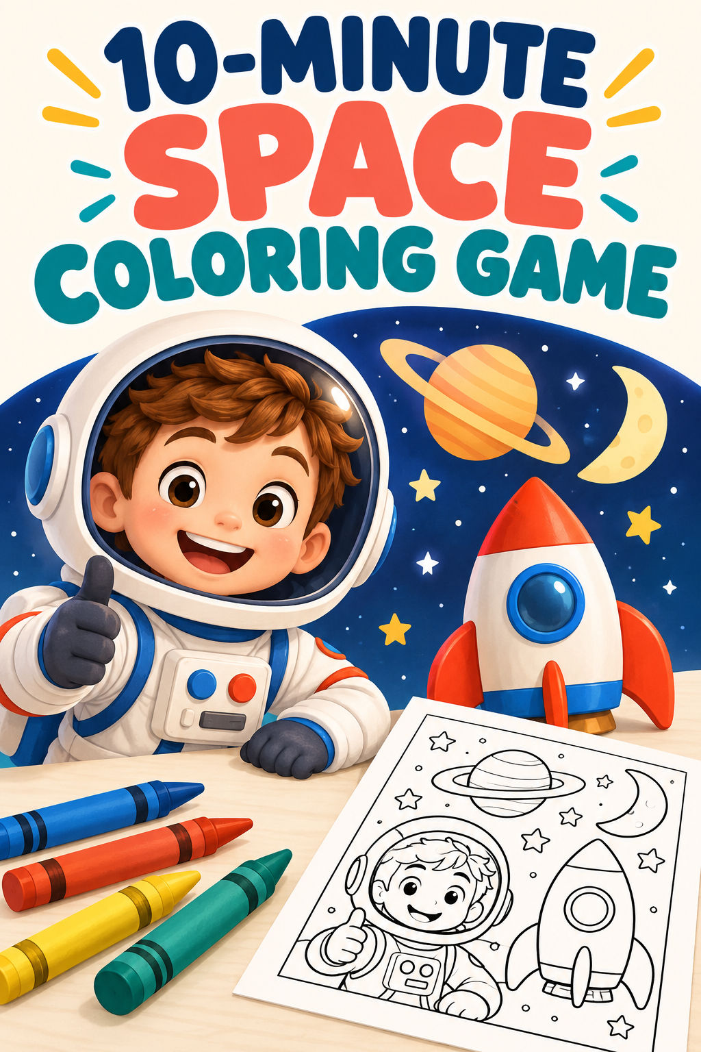 Ten-minute space coloring game cover with an astronaut, rocket, ringed planet, crescent moon and coloring-page preview.