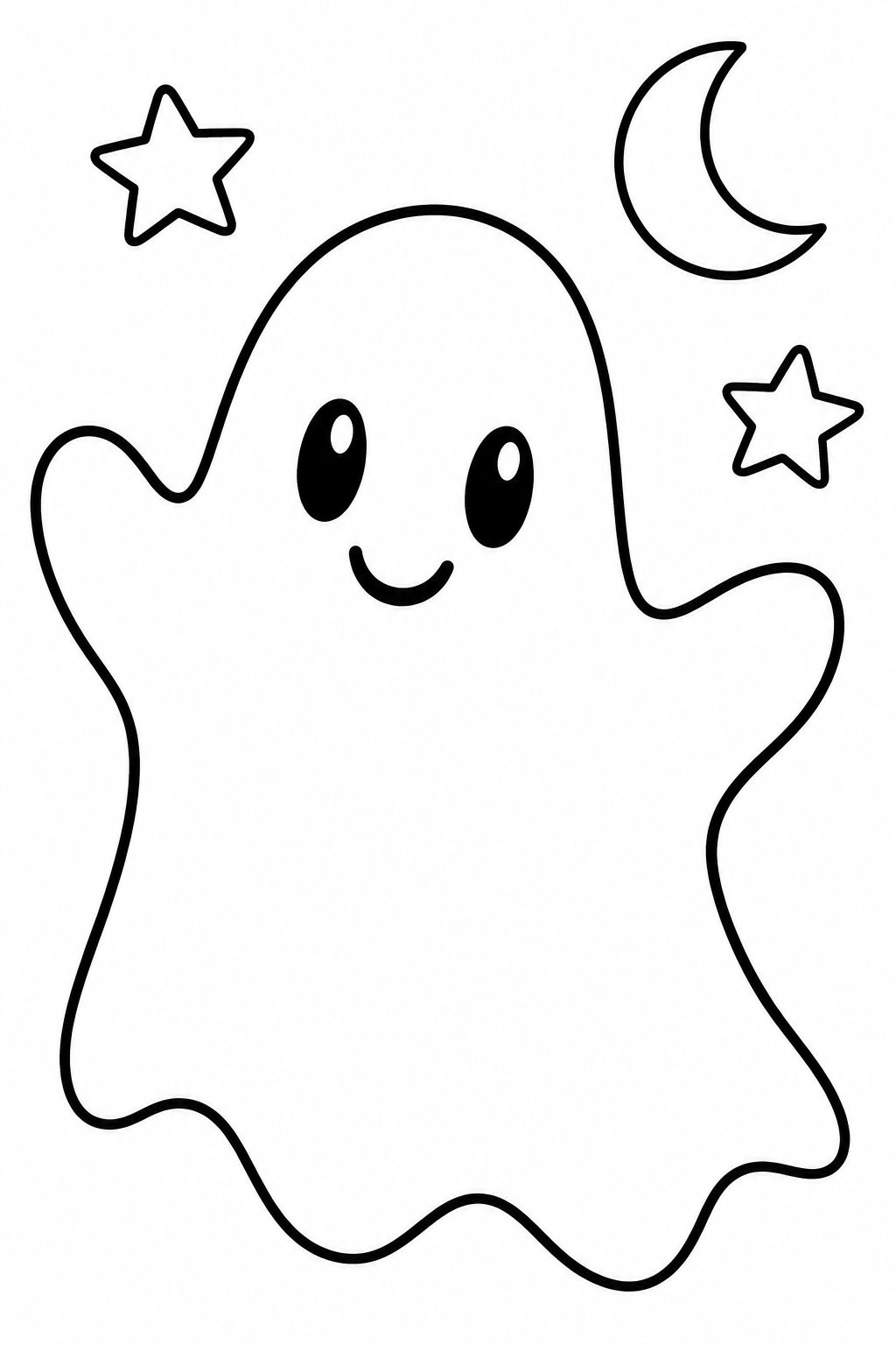Black-and-white coloring page with one large smiling ghost, two stars, and a crescent moon.