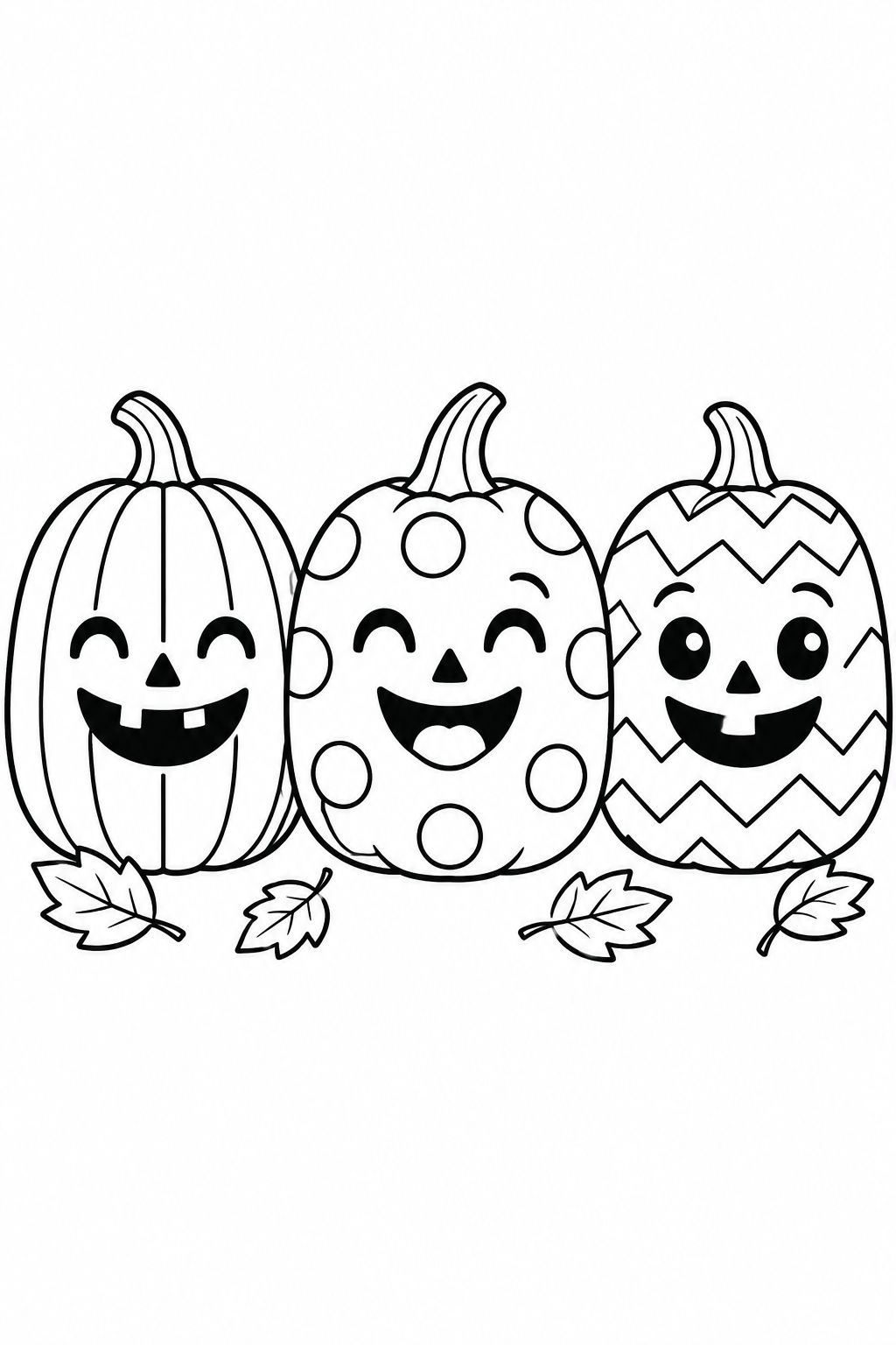 Three friendly jack-o’-lanterns with stripe, dot, and zigzag patterns on a black-and-white coloring page.