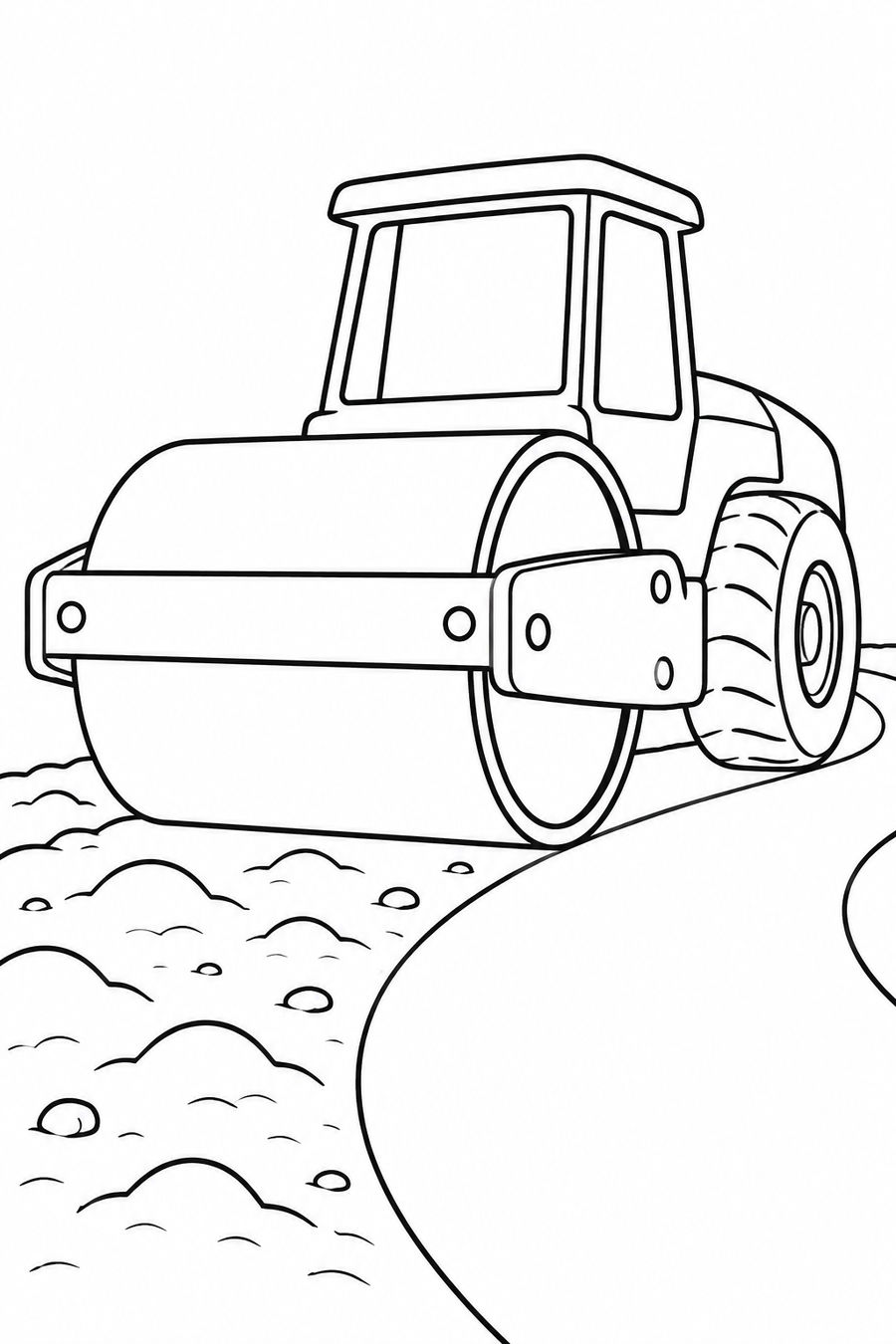 Black-and-white road roller with a broad front drum beside rough and smooth sections of a path.
