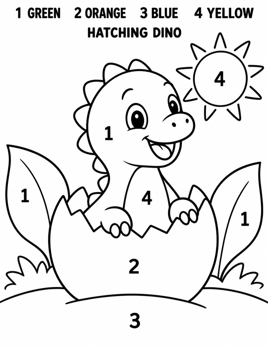 Black-and-white Hatching Dino color-by-number page with a baby dinosaur in an egg and a four-color key.