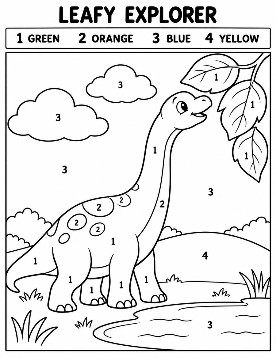 Black-and-white Leafy Explorer color-by-number page with a long-necked dinosaur, big leaves, clouds, a hill, and a pond.
