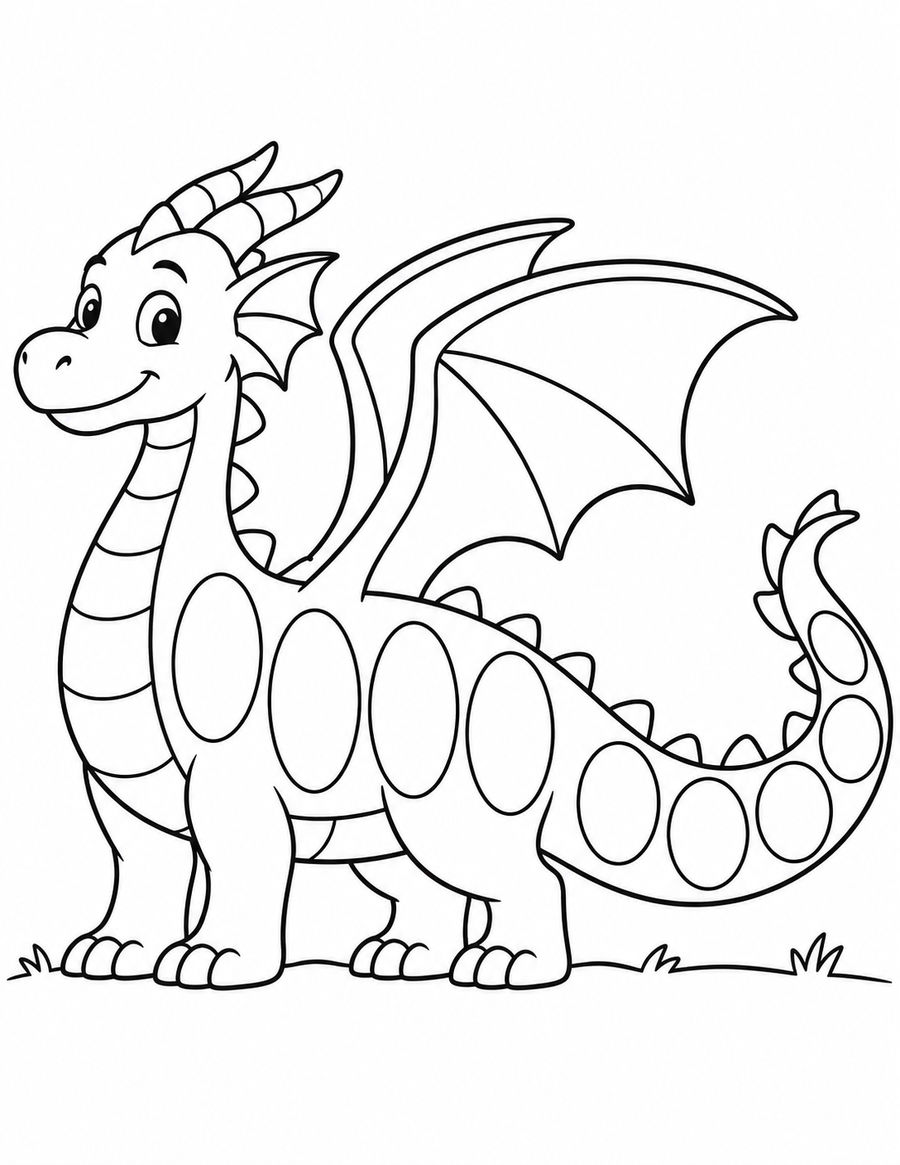 Free black-and-white friendly dragon coloring page with large blank scale patches on the body and tail.
