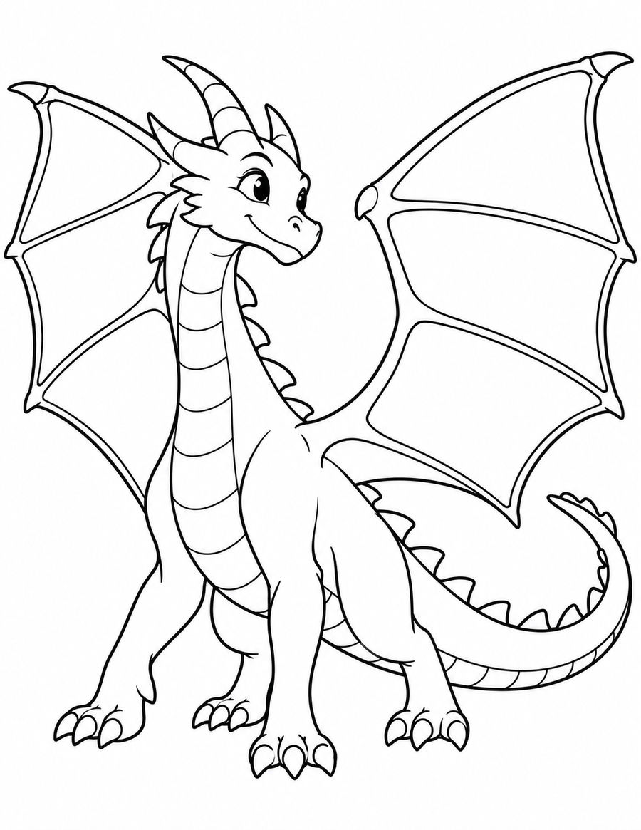Free black-and-white dragon coloring page with broad blank sections in its wings.