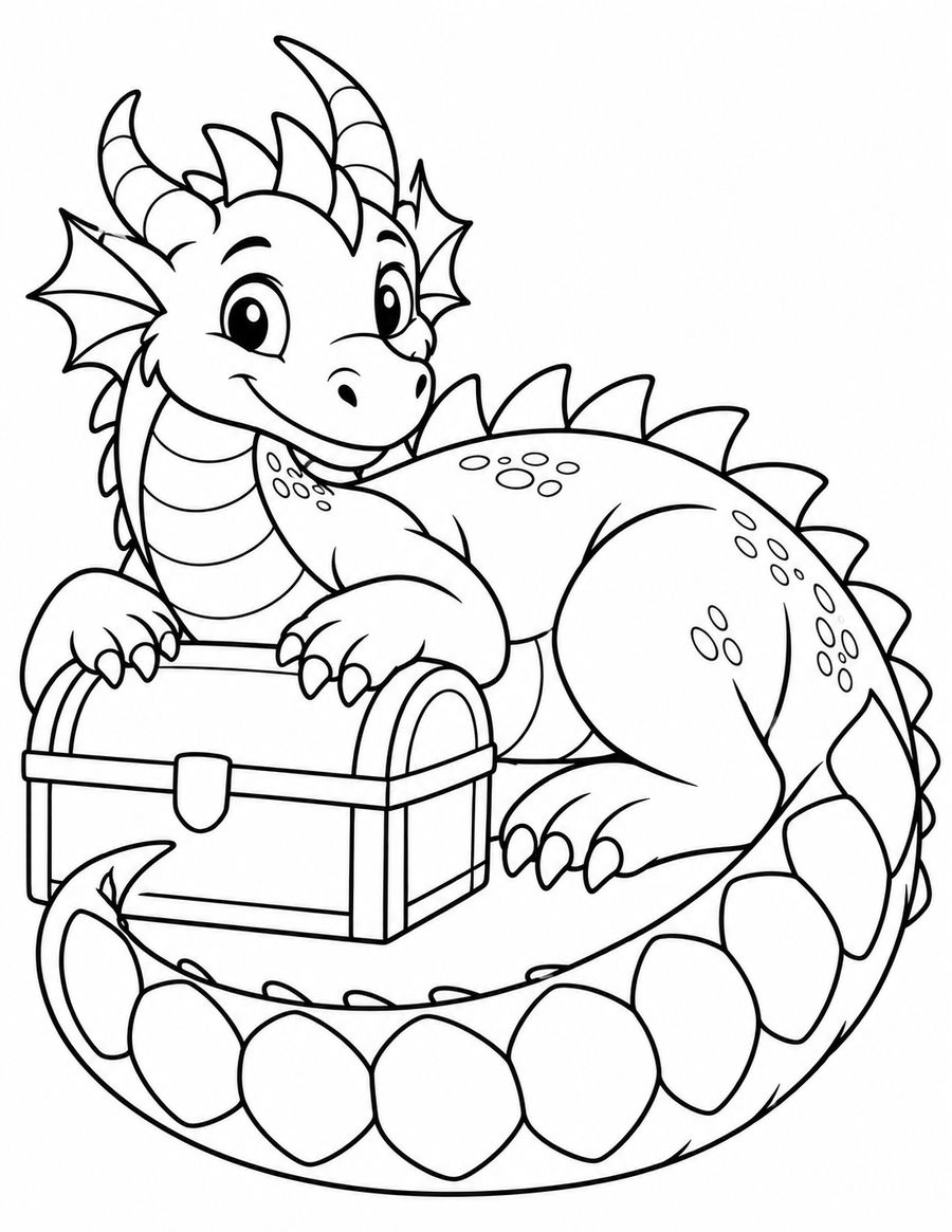 Free black-and-white dragon coloring page with a curled tail beside a treasure chest.