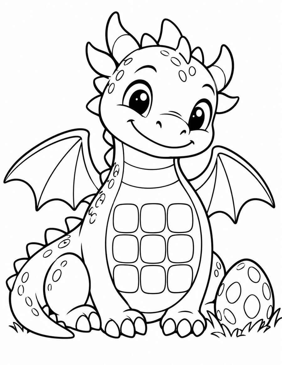 Free black-and-white baby dragon coloring page with an egg and a blank three-by-three belly grid.