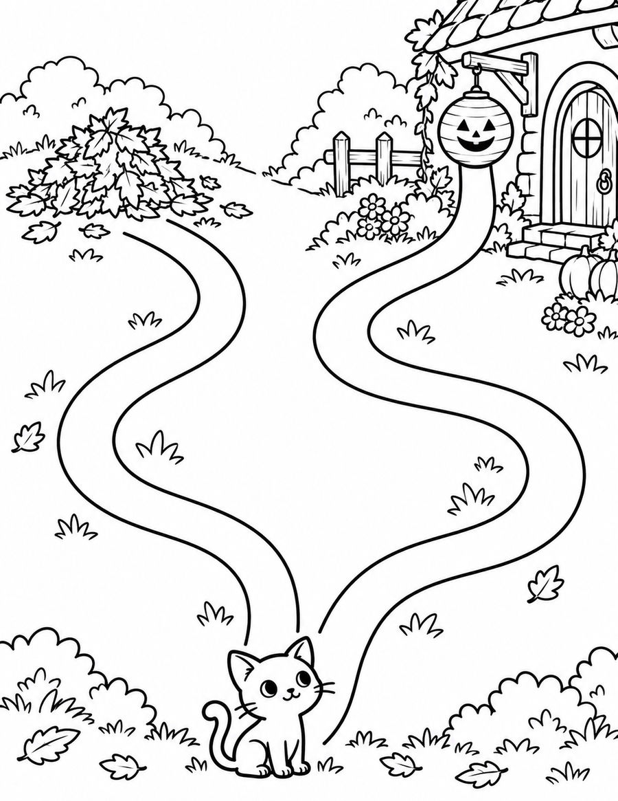 Black-and-white cat and lantern path game with one route ending at a lantern and another at a leaf pile.