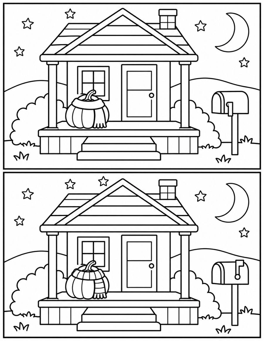 Two Halloween porch scenes with intended changes to a star, scarf, and mailbox flag.