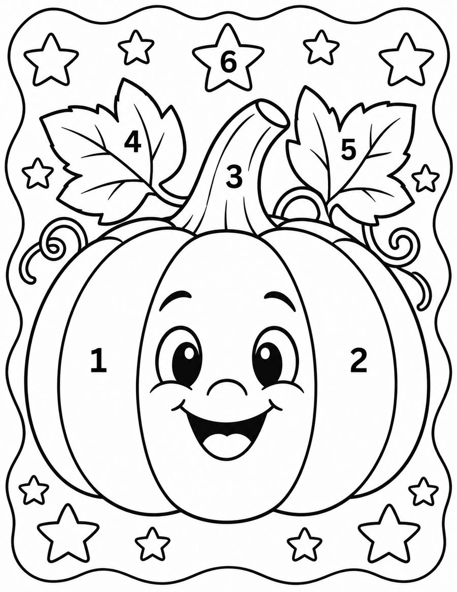 Friendly pumpkin coloring game with six clearly numbered coloring places.