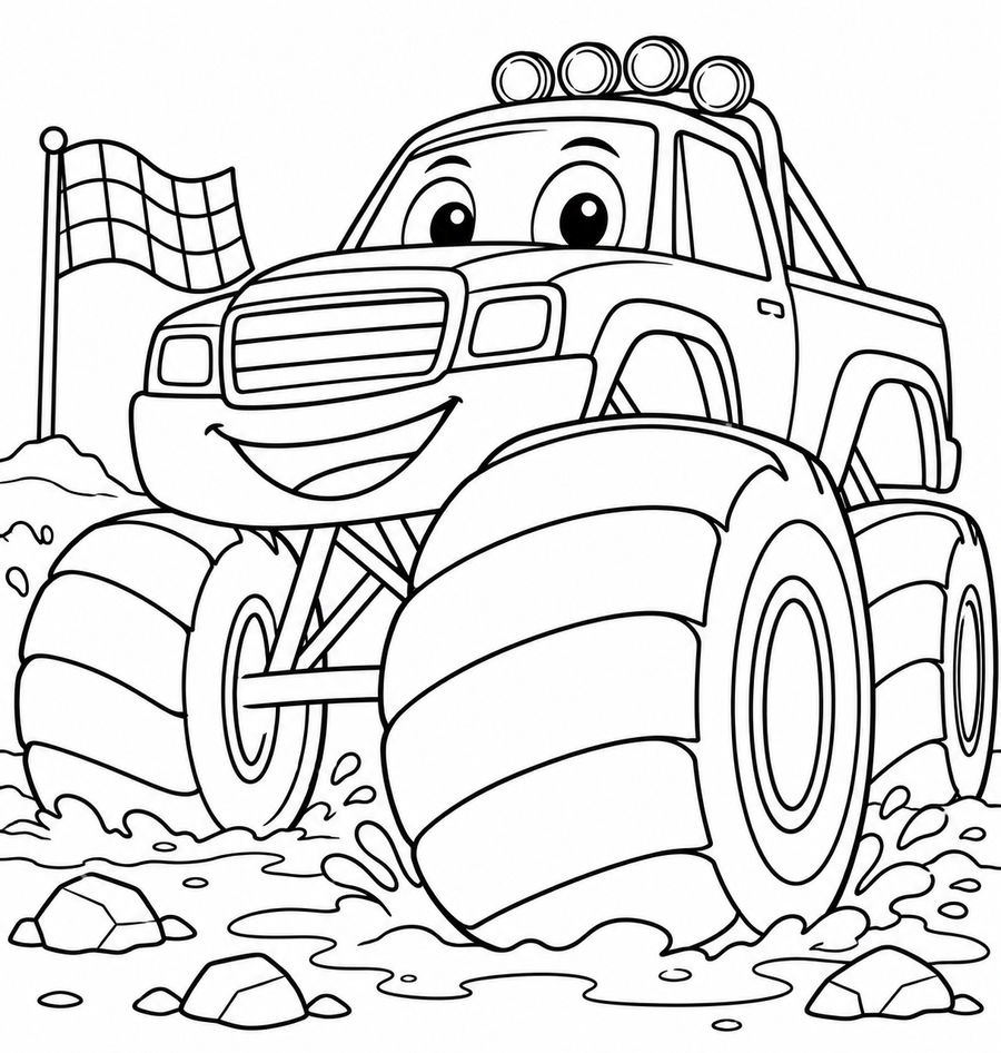 Black-and-white muddy rally monster truck with broad bands on its giant foreground tire.